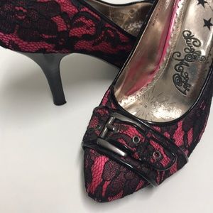 Naughty Monkey Pink & Black Lace Buckle Heels 7